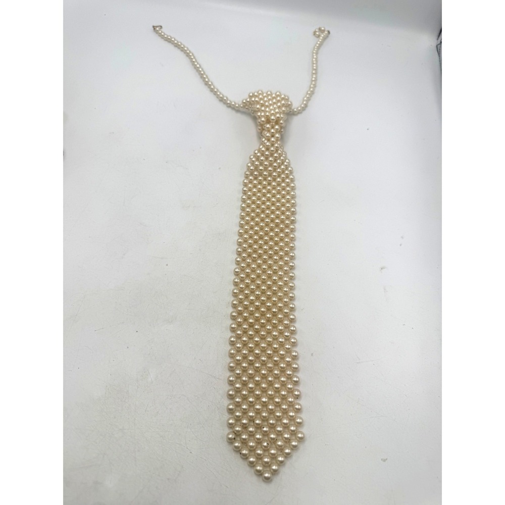 Vintage Faux Pearl Beaded Necktie Necklace Cream Woven Statement Jewelry